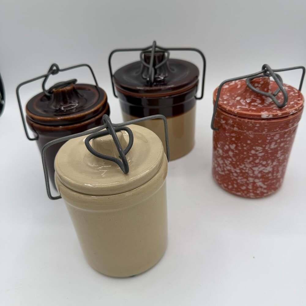 Vtg stoneware pantry cheese crocks dome lids wire-bail clamps Lot Of 4 *no Seal